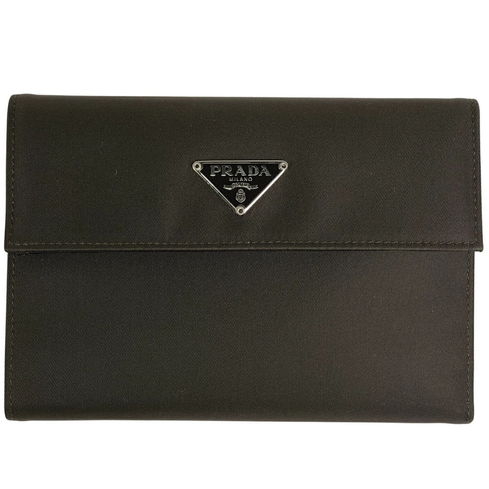 Prada Plate Tri fold Wallet Coin Billfold Dark Brown
